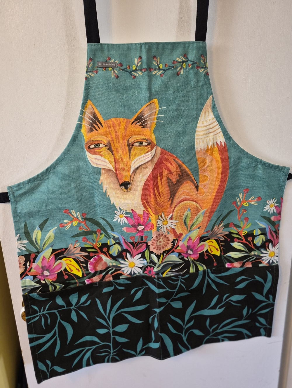 Fox Print Floral Apron in Teal and Orange